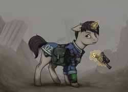 Size: 1159x830 | Tagged: safe, artist:28gooddays, oc, oc only, oc:littlepip, pony, unicorn, fallout equestria, alternate design, bag, clothes, fallout, fanfic, fanfic art, female, floppy ears, glowing horn, gun, handgun, headcanon, hooves, horn, levitation, little macintosh, looking at you, magic, mare, optical sight, pipbuck, revolver, ruins, saddle bag, scope, solo, standing, telekinesis, vault suit, weapon