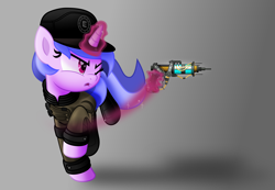 Size: 5000x3453 | Tagged: safe, artist:jhayarr23, sea swirl, seafoam, pony, unicorn, fallout equestria, background pony, clothes, commission, enclave, enclave armor, energy weapon, fallout, levitation, magic, one eye closed, plasma pistol, solo, telekinesis, uniform, weapon