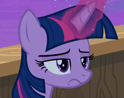 Size: 1182x938 | Tagged: safe, screencap, twilight sparkle, twilight sparkle (alicorn), alicorn, once upon a zeppelin, cropped, glowing horn, horn, solo, twilight is not amused, unamused