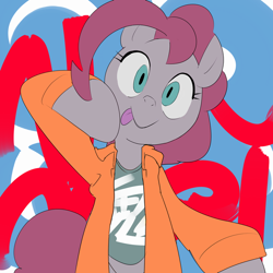 Size: 750x750 | Tagged: safe, artist:baigak, pinkie pie, earth pony, pony, semi-anthro, clothes, jacket, looking at you, shirt, solo, tongue out