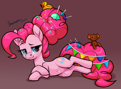 Size: 2718x1992 | Tagged: safe, artist:moonseeker, pinkie pie, earth pony, pony, the last problem, belly button, candy, candy in hair, confetti, female, food, lollipop, looking at you, mare, older, older pinkie pie, rubber duck, solo, teddy bear