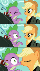 Size: 1240x2180 | Tagged: safe, artist:culu-bluebeaver, applejack, spike, dragon, earth pony, pony, a dog and pony show, alternate scenario, applespike, blushing, comic, eyes closed, female, fishing rod, kissing, looking at each other, male, puckered lips, shipping, straight, wide eyes