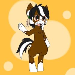 Size: 750x750 | Tagged: safe, artist:taletrotter, edit, oc, oc:mellow mallow, earth pony, semi-anthro, concept art, digital art, femboy, food, freckles, male, marshmallow, simple background, smiling, standing pony