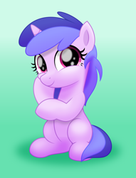 Size: 5500x7215 | Tagged: safe, artist:jhayarr23, sea swirl, seafoam, pony, unicorn, background pony, commission, cute, female, filly, gradient background, green background, seadorable, simple background, sitting, solo, younger