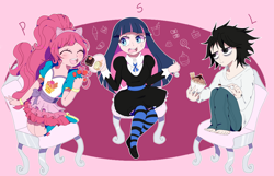 Size: 3112x2000 | Tagged: safe, artist:stuwor-art, pinkie pie, human, anarchy stocking, annoyed, candy, crossover, death note, food, humanized, kotobukiya pinkie pie, l lawliet, panty and stocking with garterbelt