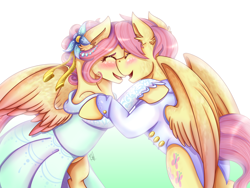 Size: 2000x1500 | Tagged: safe, artist:shamy-crist, butterscotch, fluttershy, pegasus, pony, adorascotch, blushing, clothes, cute, dress, ear fluff, eyes closed, female, flutterscotch, gradient background, male, mare, rule 63, rule63betes, self ponidox, selfcest, shipping, stallion, straight, suit