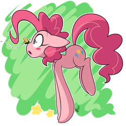 Size: 2000x2000 | Tagged: safe, artist:red-poni, derpibooru import, pinkie pie, butterfly, earth pony, pony, abstract background, blush sticker, blushing, butterfly on nose, cute, diapinkes, female, floppy ears, high res, insect on nose, looking at something, mare, open mouth, profile, solo, stars