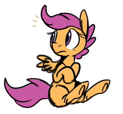 Size: 1024x948 | Tagged: safe, artist:tokipeach, scootaloo, pegasus, pony, cute, cutealoo, female, filly, hooves to the chest, simple background, sitting, solo, white background