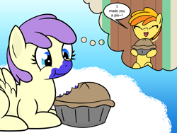 Size: 1600x1200 | Tagged: safe, artist:dinkyuniverse, alula, blueberry pie, peachy pie, earth pony, pegasus, pony, 4chan, alula pie, asdfmovie2, cloud, crush, door, eating, female, filly, foal, food, happy, house, pie, present, shipping, sky, smiling