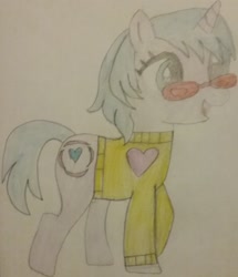 Size: 1906x2219 | Tagged: safe, artist:jerryakiraclassics19, artist:selenaede, oc, oc only, oc:robin, pony, unicorn, clothes, female, glasses, mare, raised hoof, sweater, traditional art