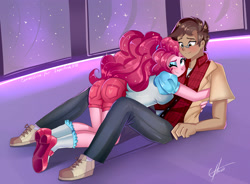 Size: 3672x2700 | Tagged: safe, artist:xjenn9, pinkie pie, oc, oc:copper plume, equestria girls, blushing, canon x oc, commission, commissioner:imperfectxiii, copperpie, female, hug, lidded eyes, male, one eye closed, ponytail, shipping, straight