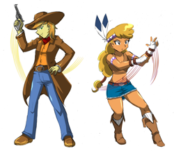 Size: 3640x3160 | Tagged: safe, artist:danmakuman, braeburn, little strongheart, equestria girls, braeheart, equestria girls-ified, female, fighting stance, gun, hand wraps, handgun, male, pose, revolver, shipping, straight