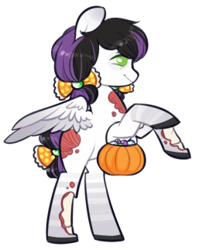 Size: 257x323 | Tagged: safe, artist:mvnchies, oc, oc only, pegasus, pony, undead, zombie, zombie pony, bow, female, hair bow, mare, pegasus oc, pumpkin bucket, rearing, simple background, solo, white background, wings