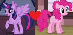 Size: 433x210 | Tagged: safe, edit, edited screencap, screencap, pinkie pie, twilight sparkle, twilight sparkle (alicorn), alicorn, earth pony, pony, three's a crowd, twilight's kingdom, female, lesbian, shipping, shipping domino, twinkie