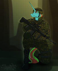 Size: 1000x1231 | Tagged: safe, artist:sunny way, anthro, pony, unicorn, armor, female, gun, horn, mare, military, patreon, patreon reward, weapon