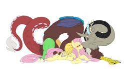 Size: 8093x4494 | Tagged: safe, artist:snspony, derpibooru exclusive, discord, fluttershy, draconequus, pegasus, pony, adorasexy, blushing, cute, discoshy, discute, eyes closed, female, kissing, male, mare, prone, sexy, shipping, shyabetes, straight, stupid sexy discord