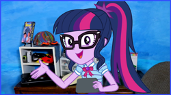 Size: 1680x944 | Tagged: safe, derpibooru exclusive, edit, editor:biggernate91, screencap, sci-twi, twilight sparkle, better together, equestria girls, forgotten friendship, geode of telekinesis, magical geodes, scott the woz, sega genesis, tablet, updated image