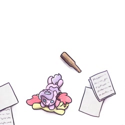 Size: 1200x1200 | Tagged: safe, artist:dawnfire, apple bloom, diamond tiara, earth pony, pony, bottle, fanfic, fanfic art, fanfic cover, paper, plushie, pony pile