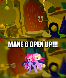 Size: 1185x1403 | Tagged: safe, edit, edited screencap, editor:fathzoli, screencap, fluttershy, pinkie pie, twilight sparkle, unicorn twilight, earth pony, pegasus, pony, unicorn, bridle gossip, caption, fbi open up, image macro, meme, text, zecora's hut