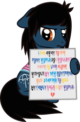 Size: 783x1197 | Tagged: safe, artist:lightningbolt, derpibooru exclusive, earth pony, pony, .svg available, angry, bring me the horizon, equestria girls ponified, floppy ears, hoof hold, implied gay, implied shipping, lip piercing, long sleeves, looking at you, oliver sykes, paint, paint stains, piercing, ponified, pony shaming, sign, simple background, sitting, solo, svg, tattoo, transparent background, vector