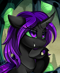 Size: 1446x1764 | Tagged: safe, artist:pridark, oc, oc only, oc:thinker, changeling, bust, changeling oc, commission, female, hive, portrait, purple changeling, slit eyes, smiling, solo