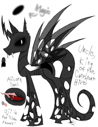 Size: 888x1150 | Tagged: safe, artist:didun850, oc, oc only, oc:oji, changeling, black sclera, changeling oc, glow, one eye closed, reference sheet, signature, simple background, slit eyes, sombra eyes, transparent background, white changeling