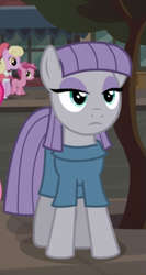 Size: 417x785 | Tagged: safe, screencap, luckette, maud pie, ruby pinch, earth pony, pony, unicorn, the gift of the maud pie, background pony, cropped, female, filly, lidded eyes, mare, maud being maud, maud pie may or may not be amused, solo focus