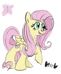 Size: 666x800 | Tagged: safe, artist:mirabuncupcakes15, fluttershy, pegasus, pony, female, folded wings, looking away, mare, medibang paint, open mouth, raised hoof, simple background, smiling, solo, white background, wings