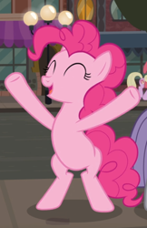 Size: 566x872 | Tagged: safe, screencap, pinkie pie, earth pony, pony, the gift of the maud pie, bipedal, cropped, eyes closed, female, hooves in air, mare, offscreen character, open mouth, smiling, solo, underhoof
