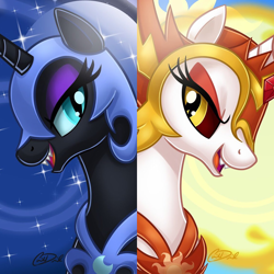 Size: 1136x1136 | Tagged: safe, artist:christadoodles, edit, daybreaker, nightmare moon, alicorn, pony, alter ego, armor, beautiful, black coat, blue eyes, bust, dark side, day, duo, duo female, ethereal mane, evil grin, eyelashes, eyeshadow, fangs, female, gem, golden eyes, grin, helmet, lidded eyes, looking at each other, makeup, mane of fire, mare, moon, movie accurate, night, open mouth, opposite, orange eyeshadow, portrait, purple eyeshadow, ruby, siblings, side by side, signature, sisters, smiling, starry mane, sun, teeth, two sides, white coat