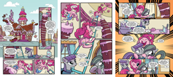 Size: 2304x1024 | Tagged: safe, artist:kate sherron, idw, boulder (pet), marble pie, maud pie, pinkie pie, earth pony, pony, spoiler:comic, spoiler:comic86, cake, comic, female, food, giant cake, mare, official comic, pie sisters, ponyville, preview, siblings, sisters, sugarcube corner, when she speaks, writer:jeremy whitley