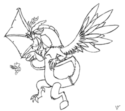 Size: 4424x3920 | Tagged: safe, artist:lucas_gaxiola, discord, draconequus, pegasus, pony, duo, flying, lineart, male, monochrome
