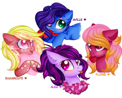 Size: 997x801 | Tagged: safe, artist:blumydia, oc, oc only, oc:alea, oc:aville, oc:florie, oc:sugarcute, pony, base used, female, heart, heart pillow, mare, mouth hold, pillow, simple background, transparent background