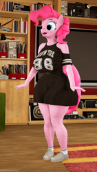 Size: 1080x1920 | Tagged: safe, artist:ponkssfmworks, pinkie pie, anthro, 3d, clothes, excited, female, happy, living room, looking offscreen, shirt, shoes, shorts, solo, source filmmaker, television