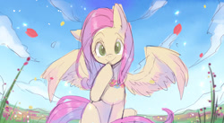 Size: 1342x733 | Tagged: safe, artist:hosikawa, fluttershy, pegasus, pony, cloud, colored pupils, cute, ear down, female, looking at you, mare, petals, shyabetes, sky, solo, spread wings, wings