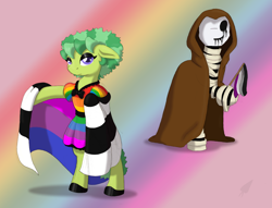Size: 1486x1138 | Tagged: safe, artist:ravenpuff, oc, oc:atjour service, oc:timothy, ghoul, pony, undead, bipedal, clothes, dress, female, maid, mare, pride flag