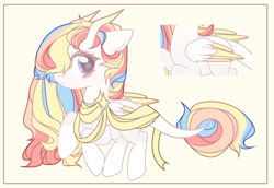 Size: 2350x1620 | Tagged: safe, artist:cloudsweet112, oc, oc:rainbow dreams, pegasus, pony, adopted, female, hair over one eye, horn, leonine tail, multicolored hair, one hoof raised, rainbow hair, ribbon, two toned wings, wings