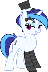 Size: 4000x5942 | Tagged: safe, artist:n0kkun, oc, oc only, oc:melodic dreams, pony, unicorn, bedroom eyes, bow, clothes, ear piercing, earring, eyeshadow, female, grin, hair bow, hat, icey-verse, jewelry, magical lesbian spawn, makeup, mare, multicolored hair, offspring, parent:octavia melody, parent:vinyl scratch, parents:scratchtavia, piercing, simple background, smiling, socks, solo, striped socks, top hat, transparent background