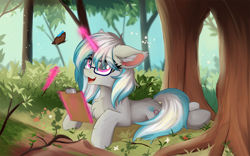 Size: 1920x1200 | Tagged: safe, artist:lunar froxy, oc, oc only, oc:windshear, butterfly, pony, unicorn, chest fluff, clipboard, commission, ear fluff, eye clipping through hair, female, floppy ears, fluffy, forest, glasses, looking at something, lying down, magic, mare, notepad, open mouth, pencil, prone, scenery, smiling, solo, telekinesis, tree
