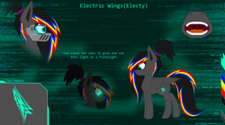 Size: 2880x1600 | Tagged: safe, artist:skanim-sdw, oc, oc:electy wings, pegasus, pony, cutie mark, glowing eyes, reference, reference sheet