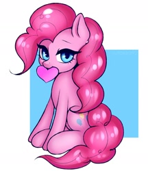 Size: 1854x2147 | Tagged: safe, artist:yutakira92, pinkie pie, earth pony, pony, abstract background, cute, diapinkes, female, heart, heart eyes, looking at you, mare, mouth hold, sitting, solo, wingding eyes