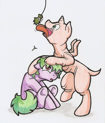 Size: 671x788 | Tagged: safe, artist:ravenpuff, oc, oc only, oc:butters, oc:sir reginald butterscop pendragon iv jr., oc:unhinged, alicorn, earth pony, alicorn oc, bipedal, earth pony oc, licking, male, mistletoe, one eye closed, sitting, stallion, tongue out, traditional art, underhoof, wink