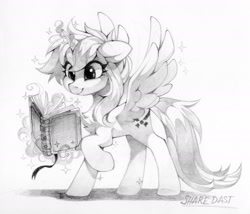 Size: 1967x1682 | Tagged: safe, artist:share dast, oc, oc only, alicorn, pony, alicorn oc, book, chest fluff, monochrome, raised hoof, smiling, solo