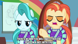 Size: 1280x720 | Tagged: safe, edit, edited screencap, editor:jaredking203, screencap, lighthoof, shimmy shake, earth pony, 2 4 6 greaaat, caption, cheerleader, cheerleader outfit, clothes, eyes closed, female, image macro, mare, meme, raised hoof, text