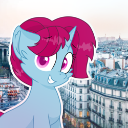 Size: 1150x1150 | Tagged: safe, artist:rainbow eevee, oc, oc only, oc:spring grezt, pony, aesthetic, anxious, beautiful, building, colored pupils, cute, eyebrows visible through hair, france, icon, irl, looking at you, magical lesbian spawn, offspring, parent:spring rain, parent:tempest shadow, parents:springshadow, paris, photo, solo, vibrant colours