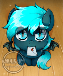 Size: 650x790 | Tagged: safe, artist:thanhvy15599, oc, oc only, oc:guttatus, bat pony, pony, :3, animated, bat eyes, bat pony oc, bat wings, blinking, blue eyes, commission, cute, gif, letter, looking at you, looking up, male, simple background, sitting, solo, spread wings, stallion, wings, ych animation, ych result
