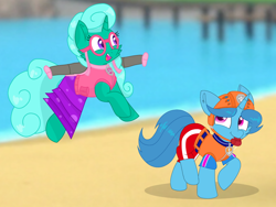 Size: 1440x1080 | Tagged: safe, artist:rainbow eevee edits, artist:徐詩珮, glitter drops, spring rain, pony, unicorn, series:sprglitemplight diary, series:sprglitemplight life jacket days, series:springshadowdrops diary, series:springshadowdrops life jacket days, beach, clothes, cute, female, flying, lesbian, lifeguard, lifeguard spring rain, paw patrol, photo, shipping, springdrops, swimsuit