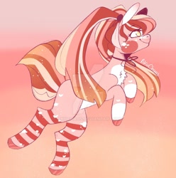 Size: 1280x1290 | Tagged: safe, artist:akiiichaos, oc, oc only, oc:strawberry dawn, earth pony, pony, clothes, deviantart watermark, female, mare, obtrusive watermark, socks, solo, striped socks, watermark