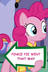 Size: 550x820 | Tagged: safe, edit, edited screencap, screencap, pinkie pie, earth pony, pony, spice up your life, blatant lies, cropped, exploitable meme, meme, pinkie pie's sign, solo