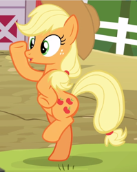 Size: 604x758 | Tagged: safe, screencap, applejack, earth pony, pony, applejack's "day" off, bipedal, chicken dance, cropped, female, freckles, mare, open mouth, silly, silly pony, solo, underhoof, who's a silly pony